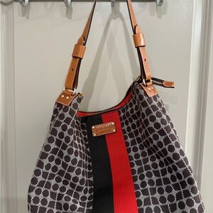 kate spade Brown Patterned Shoulder Bag with Red & Black Center Stripe